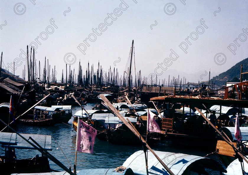 PMR.HK-31 
 Hong Kong 1958: moored sampans by Aberdeen fishing village, often the only dwelling of the owners. 
 Keywords: British colonies, nostalgia, historic, island, tropics, Far East