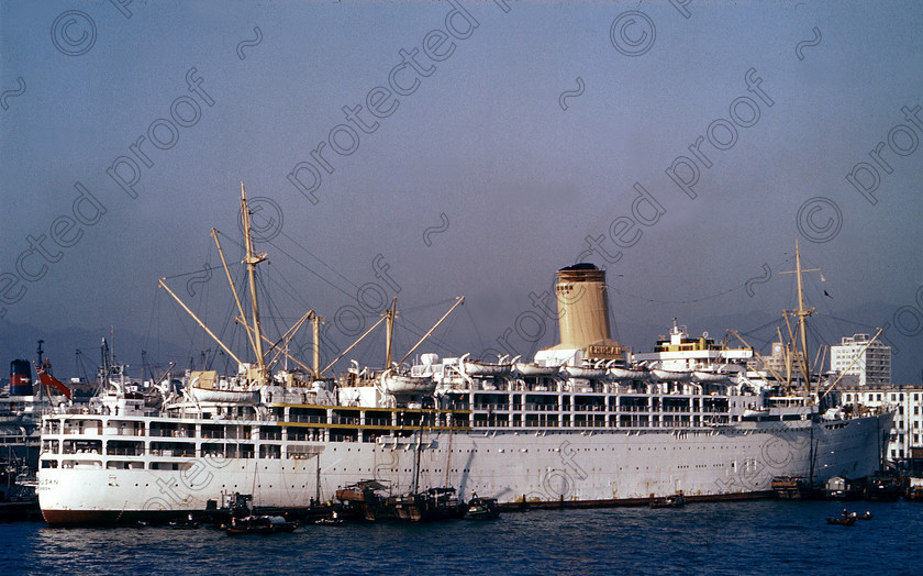 PMR.HK-50 
 Hong Kong 1958: M.V. Chusan, 24,215 gross registered tons, of the Peninsula and Orient Steam Navigation Company. Launched in 1950, she carried about 1500 passengers in luxurious conditions. 
 Keywords: British colonies, nostalgia, historic, island, tropics, Far East